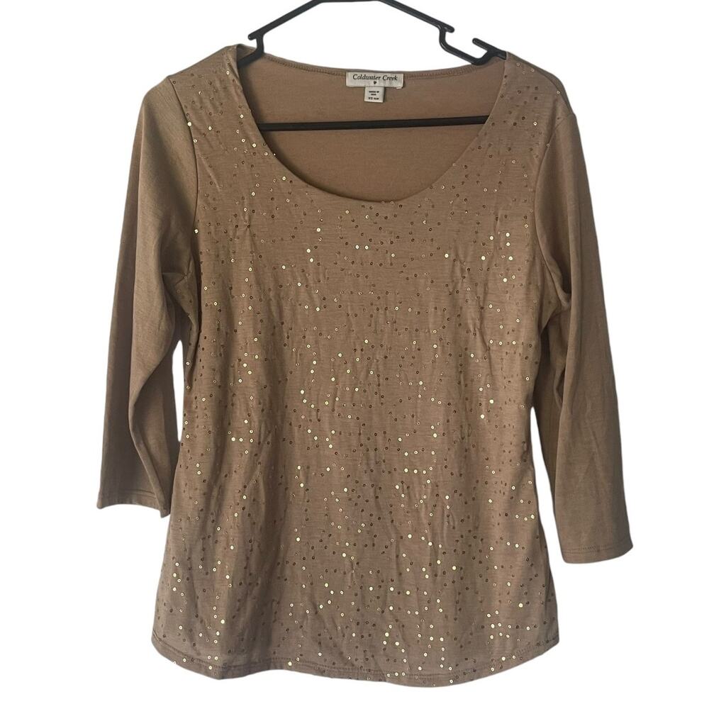 Coldwater Creek Women's Size XS Tan Sequin Swifty Party 3/4 Sleeve Top‎